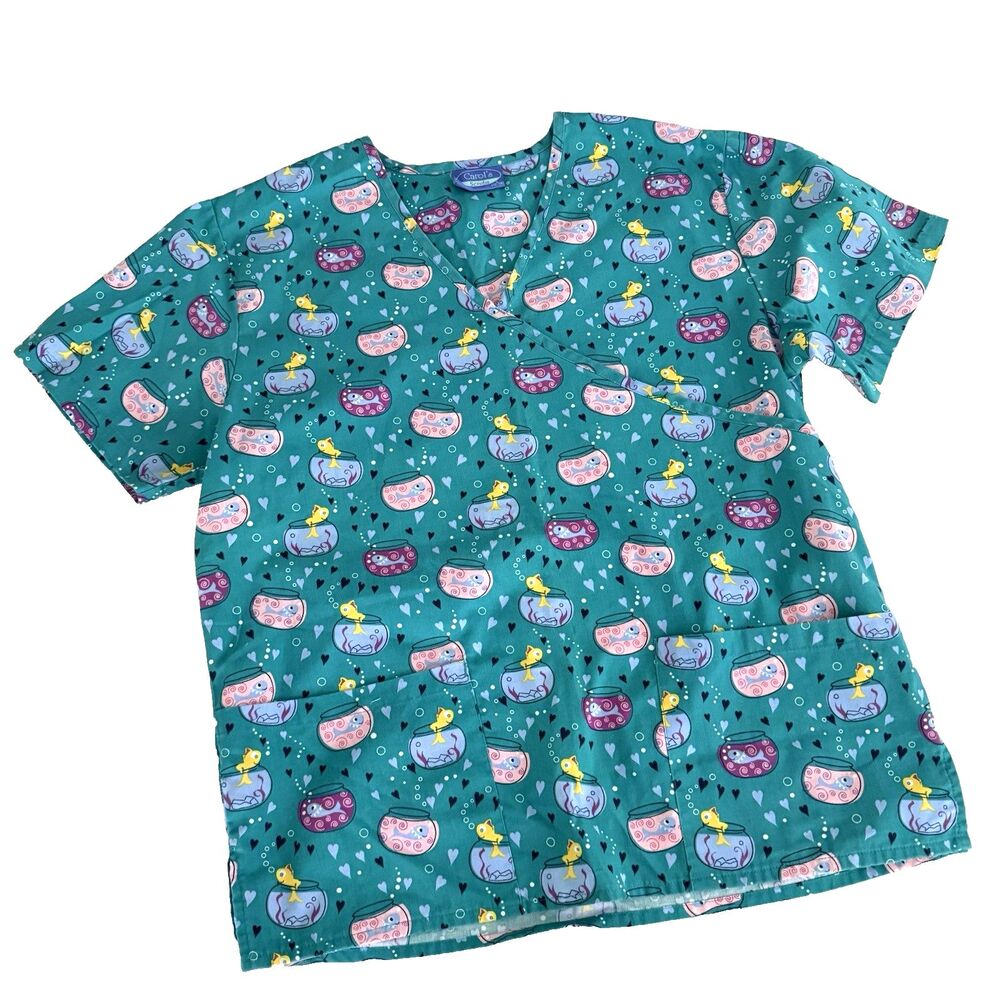 Scrub Top Women's L Fish Bowl Heart Teal Green VNeck Tie Uniform Medical RN LPN